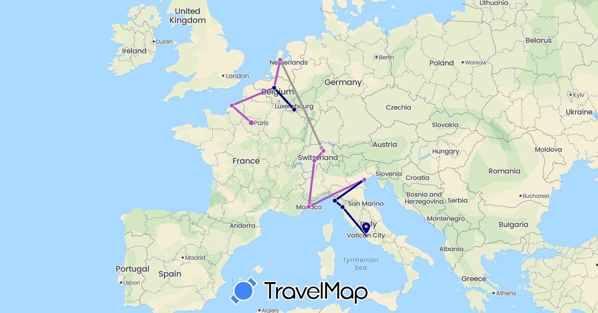 TravelMap itinerary: driving, plane, train in Belgium, Switzerland, France, Italy, Luxembourg, Monaco, Netherlands (Europe)
